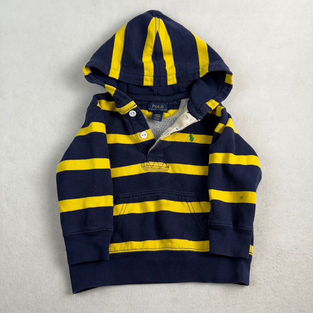 Polo Ralph Lauren Boys 2T Navy Blue Yellow Striped Rugby Hoodie Sweatshirt